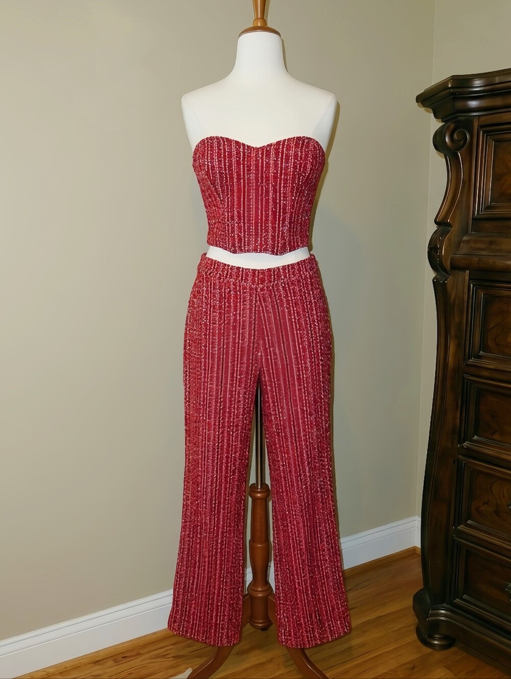 ❤️🖤🤍 Zara Red Two-Piece Tweed Corset Top & Pant Set